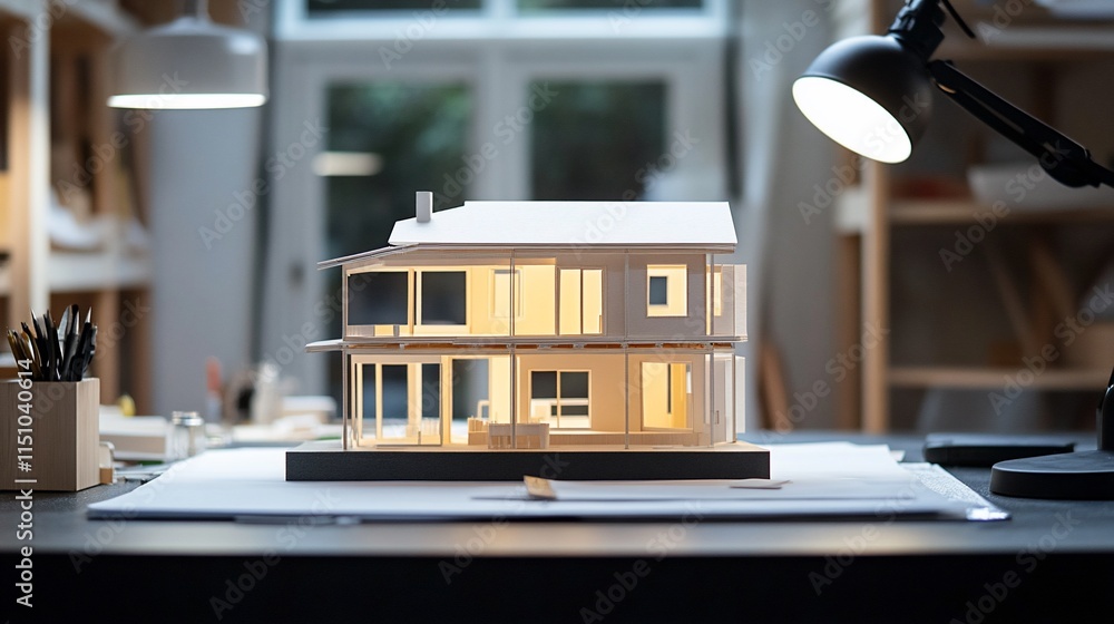 Poster a detailed architectural model displayed on a work desk with soft lighting.