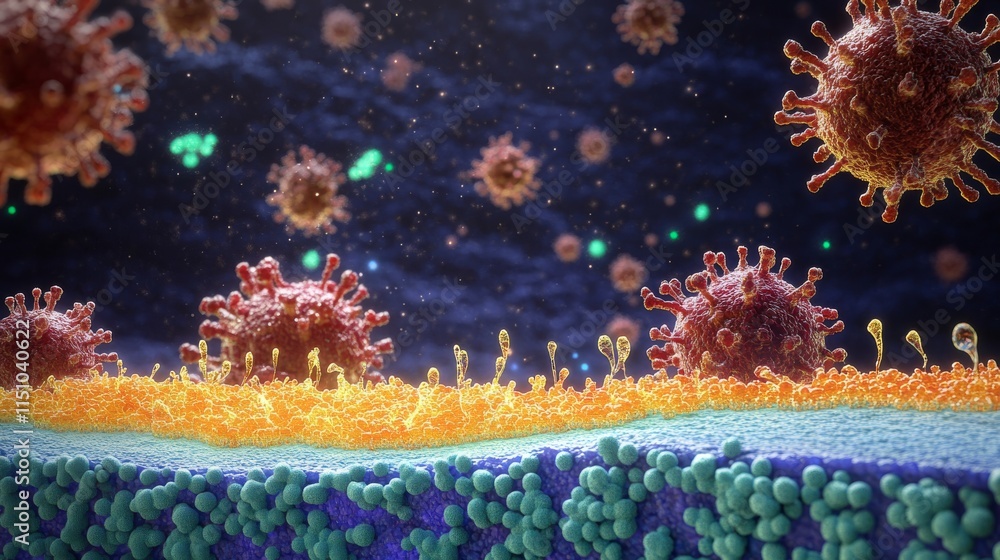 Poster a detailed visualization of viruses interacting with a cell membrane, highlighting the complexity of