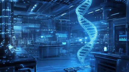 A futuristic lab showcases a glowing DNA helix amidst high-tech equipment, emphasizing biotechnology and advanced genetic research.