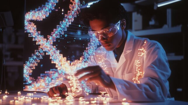 A scientist in a lab coat works with glowing particles, symbolizing research and innovation, surrounded by a colorful DNA strand representation.