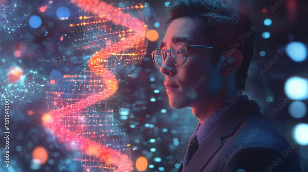 Poster a contemplative individual in a suit gazes at a vibrant digital landscape filled with abstract patte