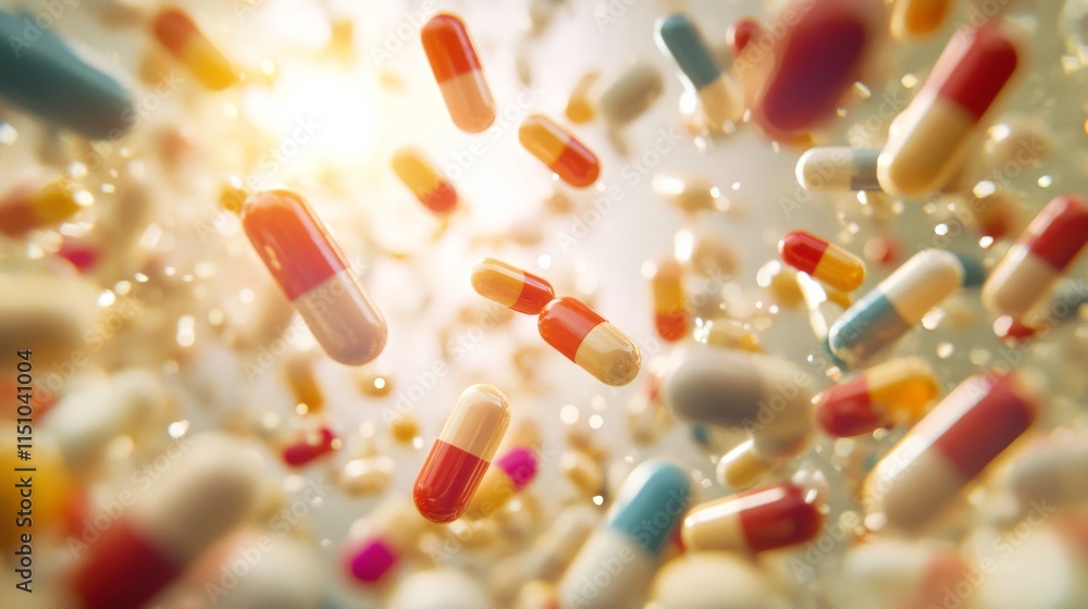 Poster a dynamic, colorful array of floating capsules and pills against a bright, blurred background, conve