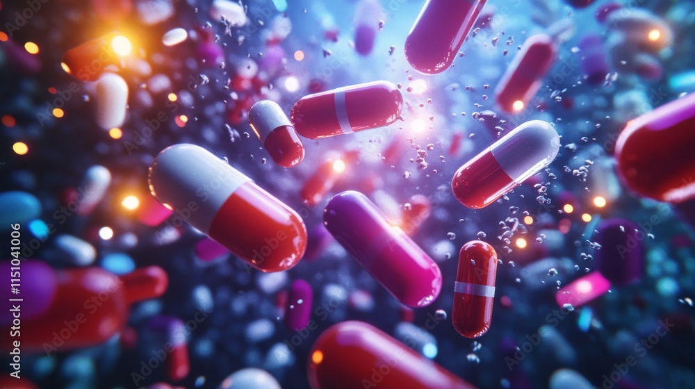 Poster a vibrant, abstract depiction of colorful capsules floating in a sparkling background, evoking a sen