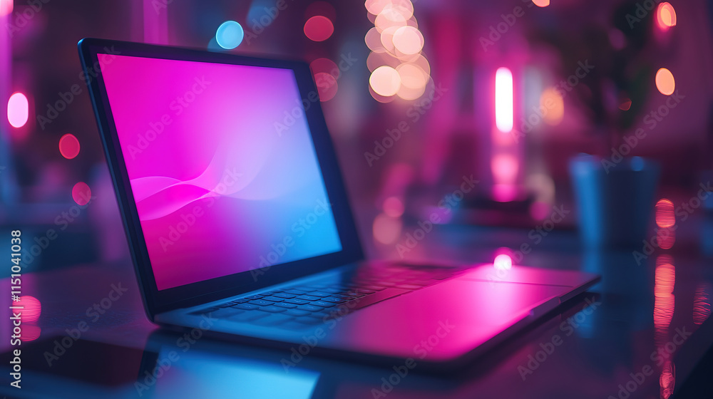 Poster stylish laptop with colorful screen and bokeh background