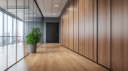 Obraz premium Modern office hallway with wood paneling, glass walls, and plant.