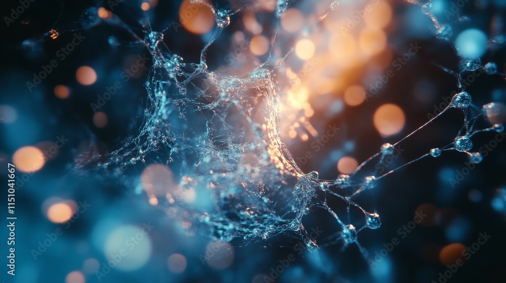 Poster abstract representation of a network with glowing nodes, illustrating connections and interactions i