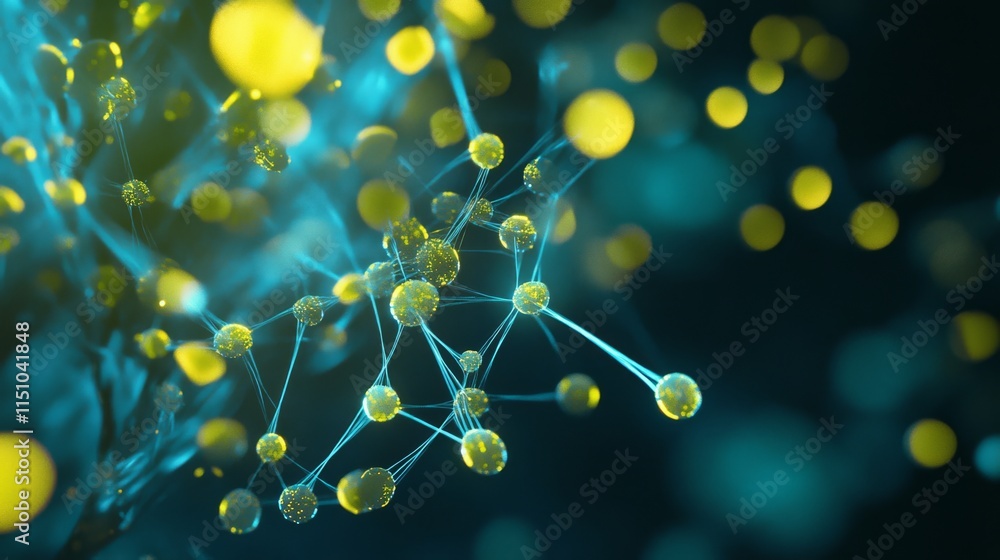 Poster an abstract representation of molecular structures with glowing yellow and blue elements, evoking th