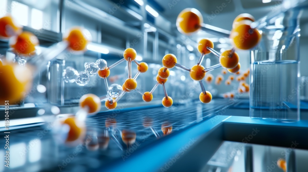 Poster a vibrant, abstract representation of molecular structures with orange spheres symbolizing atoms in 
