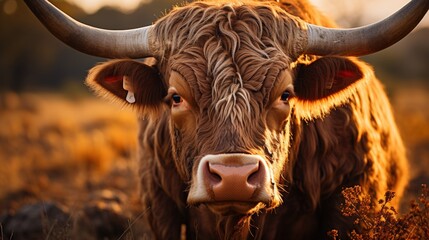 Close-up portrait of a brown cow with big horns in the field