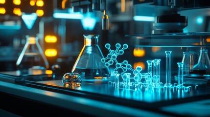 A modern laboratory scene with glowing chemical structures, flasks, and advanced technology, emphasizing scientific innovation and research.