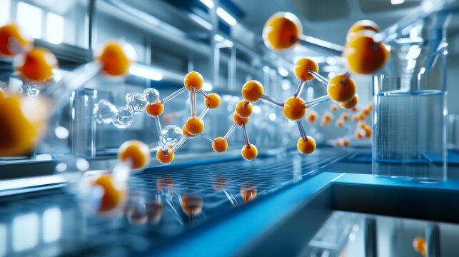 A vibrant, abstract representation of molecular structures with orange spheres symbolizing atoms in a high-tech laboratory setting.