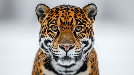Fototapeta premium Close-up portrait of a jaguar in snowy background, showcasing its intense gaze and distinctive rosettes.