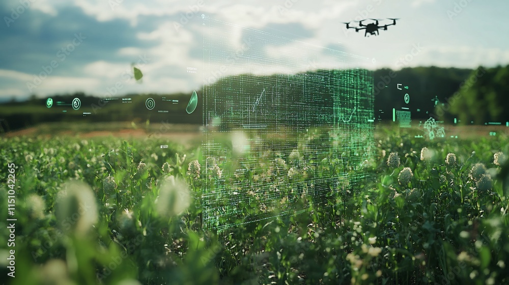 Poster a drone surveys a field, displaying digital data and analytics on crops.