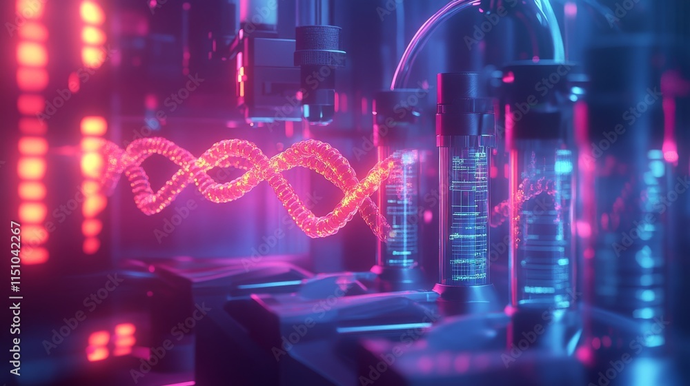 Poster a vibrant, futuristic lab scene featuring glowing vials and dynamic wave patterns, suggesting advanc
