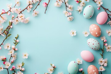 Stylish easter eggs, candy and blooming flowers on blue background flat lay. Happy Easter! Natural painted colorful eggs and spring blossom. Modern greeting card or banner, copy space 