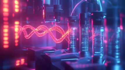 A vibrant, futuristic lab scene featuring glowing vials and dynamic wave patterns, suggesting advanced scientific research and technology.