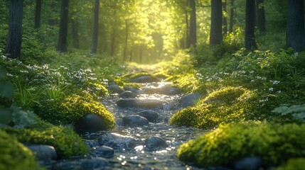 Obraz premium Sunlit stream flows through mossy, flowering forest.