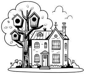 Cute house outline with fence, bird nests, gate, trees, flower garden and yard for colouring purposes.	