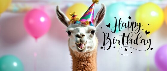 Naklejka premium Happy Birthday Llama: Festive Alpaca with Party Hat and Balloons