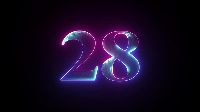 Abstract glowing neon number 28 animation. Blue and purple neon futuristic effect. Trendy glow lighting