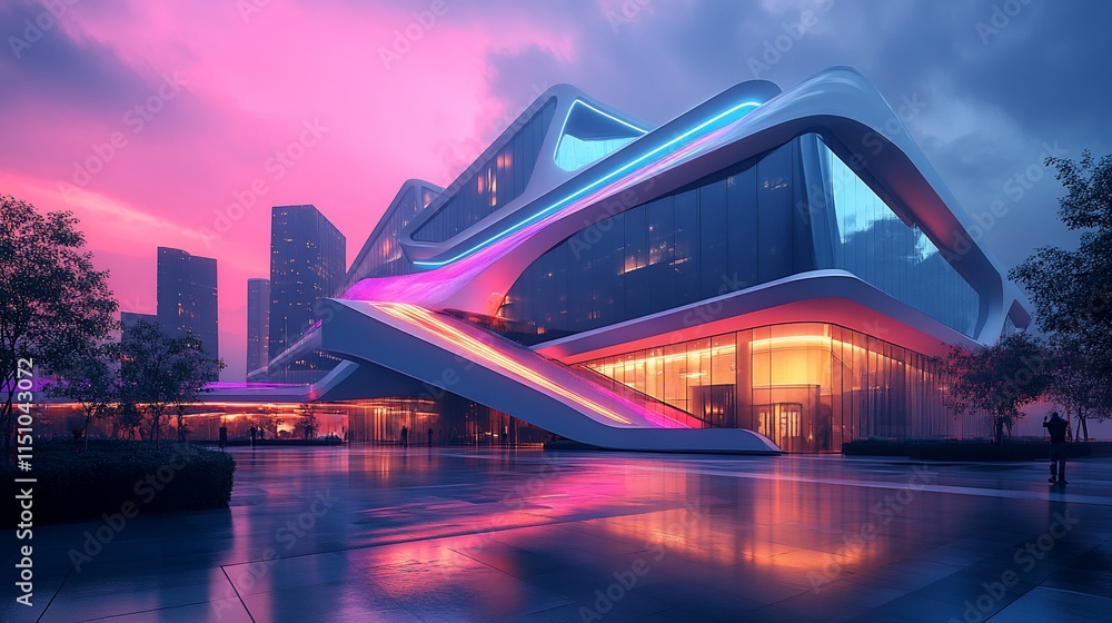Poster a futuristic building with dynamic lighting and sleek design in an urban setting.