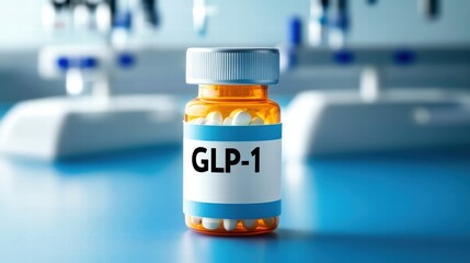 Medicine bottle labeled with GLP-1 on a blue laboratory background, medical research, pharmaceutical development, healthcare concept