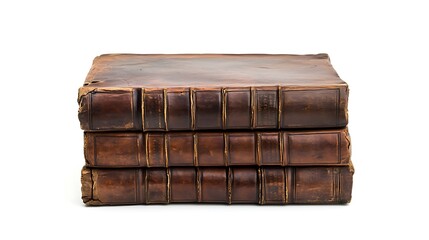 Stacked antique brown leather books.