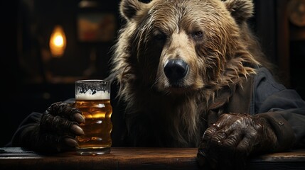 Brown bear with a glass of beer on a table in a pub