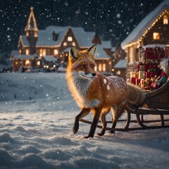 A fox with fur that shimmers like sparkling snow, running beside a sleigh full of glowing presents.