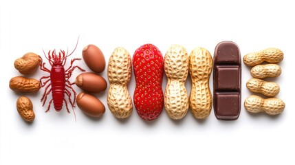Food Allergen Text: Gluten, Strawberry, Milk, Peanuts, Crustacean, Egg, and Chocolate on White Background