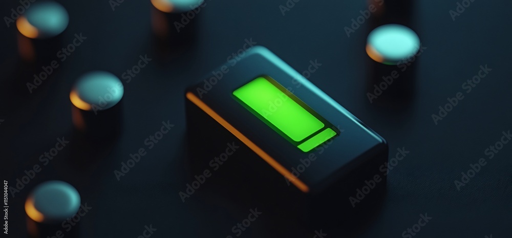 Poster a glowing green battery indicator on a dark surface surrounded by metallic objects.
