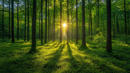 Obraz premium Sunlit Forest Lush Green Canopy Spring Trees Nature Background
