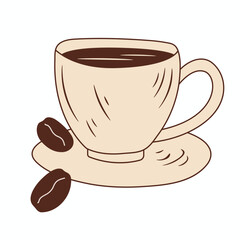Mug of delicious coffee with coffee bean vector illustration. Simple isolated object on white background. Graphic element designed for poster, banner, print, template. Hand drawn doodle style art