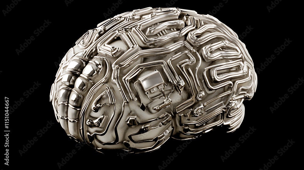 Poster metallic brain with circuitry.