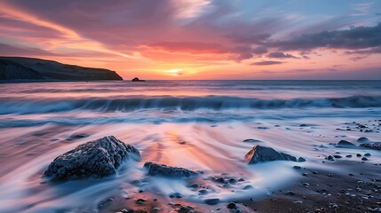 Naklejka premium Serene Sunset Over Calm Ocean Waves