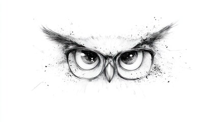 Black and White Wise Owl with Glasses Isolated on White Background