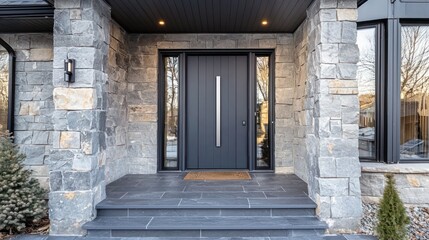 Obraz premium Sophisticated charcoal gray front door with a vertical handle and sharp stone details.