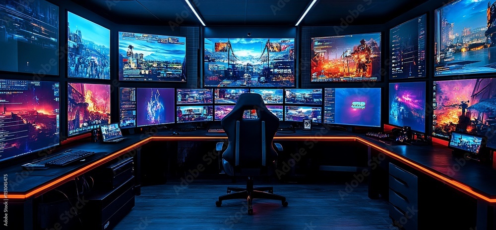 Aufkleber a high-tech gaming setup featuring multiple monitors and vibrant visuals.