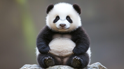 Adorable Panda Cub: A  playful and cuddly panda cub sits with a sweet expression on its face, captivating hearts with its undeniable charm. This photo is perfect for evoking feelings of joy, cuteness.