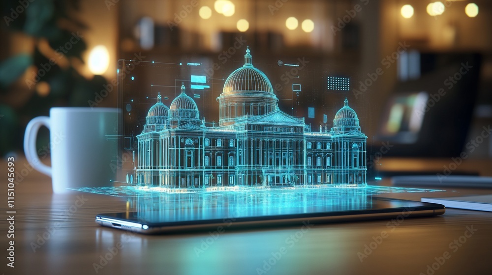 Poster a holographic model of a building displayed on a tablet in a modern workspace.