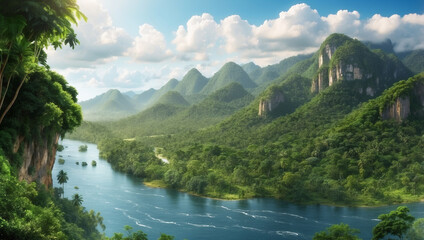 Fototapeta premium Vibrant Lush Rainforest and Rivers in Summer Rain Showcasing Nature's Beauty