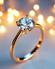 A sparkling diamond engagement ring set on a gold band, with a blurred background featuring warm, glowing lights.