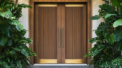 Elegant wooden double doors with brass details, leading to a lush, welcoming entryway.