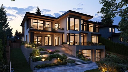 Fototapeta premium Modern house illuminated at dusk with landscaped gardens