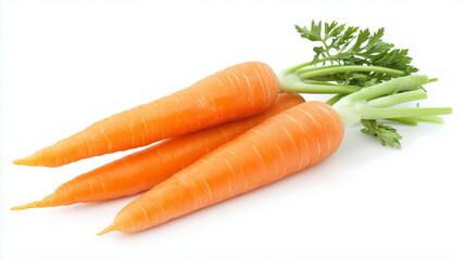 Fresh Carrots with Greenery: A cluster of vibrant orange carrots, still attached to their lush green tops, lies nestled together on a pristine surface.  The image conveys freshness, health.