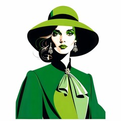 このイラストには、大きな緑の帽子と同色のジャケットを着た女性が描かれている。黒いリボンがついた帽子がエレガンスを強調し、モノトーンのドレスとのコントラストが洗練された印象を与える。イヤリングとネックレスがアクセントになっている。