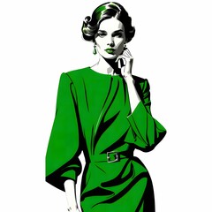 このイラストには、緑のドレスと帽子を身にまとったエレガントな女性が描かれている。ウエストのベルトがラインを際立たせ、クラシックな雰囲気を醸し出している。パールのネックレスが上品さをさらに引き立てている。表情は落ち着きと自信を兼ね備えており、淑女らしい魅力があふれている。
