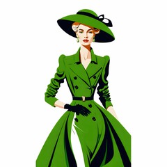 このイラストには、鮮やかな緑のノースリーブドレスを着た女性が描かれている。ウエストのリボンがシルエットを強調し、洗練された美しさを引き立てている。髪型はクラシックなアップスタイルで、シンプルながらも上品な印象を与える。女性の表情は自信に満ちていて、モダンなエレガンスを感じさせる。