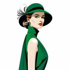 このイラストでは、エレガントな緑のトレンチコートと帽子を着用した女性が描かれている。鮮やかなグリーンが洗練された雰囲気を醸し出し、彼女の自信と気品を際立たせている。繊細なアクセサリーや流れるようなシルエットがさらに女性らしい魅力を引き立てている。