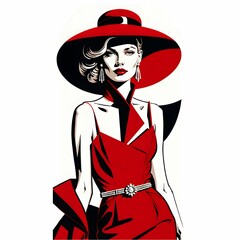 このイラストでは、緑のエレガントなワンピースと広いつばの帽子を着用した女性が描かれている。柔らかい陰影とシンプルなラインが洗練された美しさを際立たせ、控えめながらも存在感のあるアクセサリーが高貴な印象を与えている。